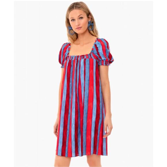 Tuckernuck Dresses & Skirts - Tuckernuck Pomander Place Mini Dress Linen Blend Puff Sleeve Painterly Striped